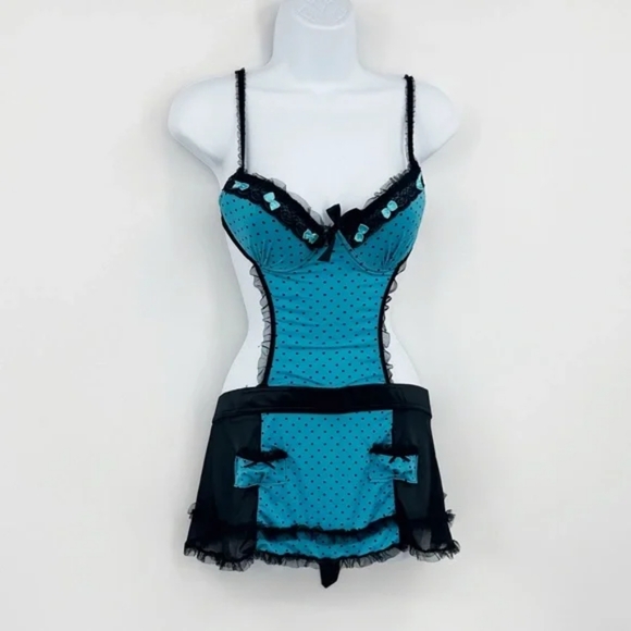 Native Intimates Women's Size M (36B) Lingerie Blue Black Polka Dot Bows Frills - Picture 5 of 6